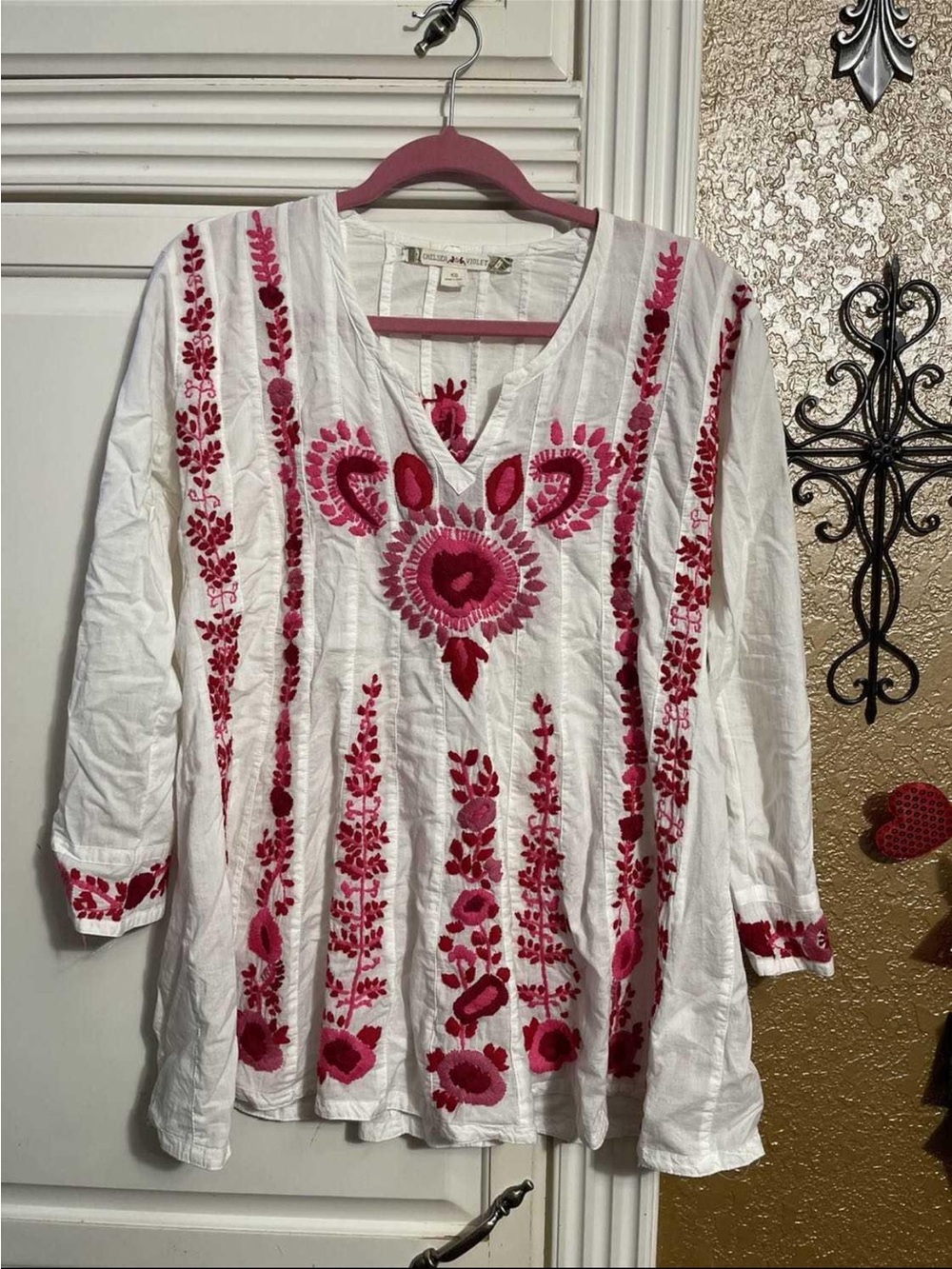 Chelsea & Violet White Tunic with Pink Floral Embroidery